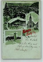 98527 O6000 Suhl Lithographie / Mondschein Gruss aus - Bismarckturm, Markt AK