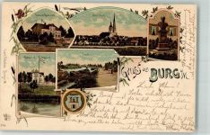 39288 O3270 Burg b Magdeburg 1902 Lithographie Deichwall Gasthaus Obere Stadt Denkmal Gasthaus Helgoland Kanal