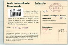 Honig-Kontrollkarte der Deutsch-Schweizerischen Bienenfreunde Biene 1952