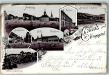 99625 O5234 Kölleda 1903 Lithographie Vorläufer Schloß von Bechtingen Schule Brückenstraße Marktplatz