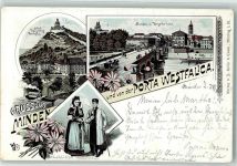 32423 W4950 Minden , Westf 1895 Lithographie Vorläufer Weserbrücke Porta Westfalica Volkstrachten Hotel Kaiserhof