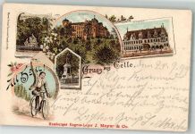 29221 W3100 Celle 1899 Lithographie Schloß Rathaus Kriegerdenkmal Radfahrer Karolinen-Mathilden Denkmal