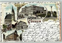 06366 O4370 Köthen , Anh 1897 Gebrauchsspuren St. Jacobs Kirche Landes Seminar Kriegerdenkmal Töchterschule Postamt Kutsche Blumen Gruss Lithographie
