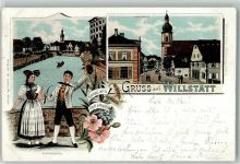 77731 W7608 Willstätt 1897 Lithographie Bauerntrachten Hauptstraße Tabakspfeife