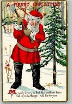 Merry Christmas Mit dem Beil Tannenbaum abholzen Weihnachtsmann 1906 Prägedruck