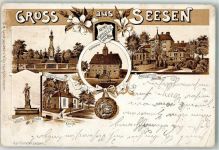 38723 W3370 Seesen , Harz 1896 Gebrauchsspuren Lithographie Denkmal Göttin der Ernte Ratskeller Amtsgericht Kriegerdenkmal Eckbug II