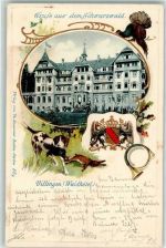 78048 W7730 Villingen -Schwenningen 1901 Prägedruck Waldhotel Jagdhund Fasan Hase Auerhahn Jagdhorn Wappen