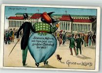 O7000 Leipzig Humor Bahnhof , siehste Männe, mir ham jetzt den größten Bhf. der Welt Dicker Mensch 1915 Künstlerkarte