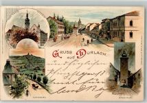 76131 W7500 Durlach 1899 Lithographie Ev. Kirche Rathaus Turmberg Baseltor