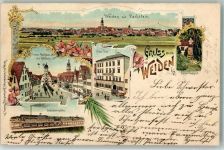 92637 W8480 Weiden , Oberpf 1901 Lithographie Unterer Markt Rathaus Centralwerkstätte Eisenbahn Hotel Post