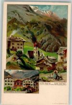 6754 Stuben a. Arlberg Lithographie Gasthaus zu alten Post Kirche Tracht Ziege