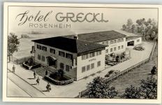83022 W8200 Rosenheim , Oberbay Künstlerkarte Vogelschau Hotel Greckl Oldtimer