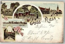 01587 O8400 Riesa 1899 Gebrauchsspuren LithograpieRathaus Klosterkirche Promnitz Parkgastaus Brandenburgerweg