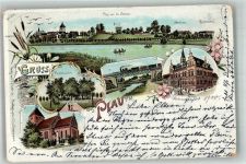 19395 O2864 Plau 1900 Lithographie Friedenseichen Rathaus Eisenbahnbrücke Kirche Bahnpost Wismar-Neustadt Zug 268