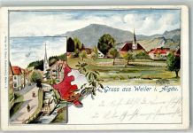 88239 W7988 Weiler im Allgäu 1900 Künstlerkarte Am Hausbach Kirche St. Blasius sign. O. Keck