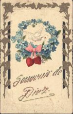 AK von 1925 mit aufgeklebter Oblate Brieftaube im Blumenkranz mit zwei Herzen, gestanzt, Prägedruck, Glitzerschrift Taube Collage