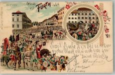 93437 W8492 Furth i Wald 1898 Lithographie Festzug Der Drachenstich Trommler Reiter Maktplatz