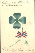 Porte Bonheur 1914, AK mit Trikolorestoffschleife, Leinen Glückskleeblatt Collage