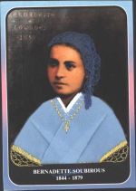 65100 Lourdes Collage Bernadette Soubirous, Kopfbedeckung und Gewand aus echtem Stoff
