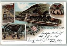 56130 W5427 Bad Ems 1897 Lithographie Kurgarten Wandelbahn Kesselbrunnen Rosenzweig