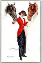 Mode Art Deco Frau im Reitdress Pferde AK Usabal, L.
