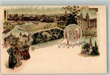 63739 W8750 Aschaffenburg Lithographie Wappen Kgl. weibl. Bildungsanstalt Schloss-Hof Kriegerdenkmal