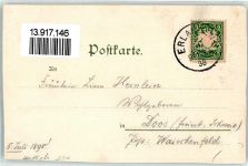 91052 W8520 Erlangen 1898 Gebrauchsspuren Lithographie Schloss Universitätsbiblothek u. Markgrafendenkmal Collegienhaus Physikalisches Institut Marktplatz m. Rathaus Augenklinik Brunnen d. Franz. Emigranten i. Schlossgarten Collegienhau Physikalisches Institut Augenklinik Wappen