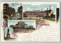 04103 O7000 Leipzig 1901 Lithographie beim Wassergott Universität neues Theater Denkmal Friedrich August d. Gerechte