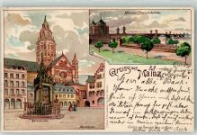 55116 W6500 Mainz a Rhein 1900 Lithographie Marktbrunnen Marktplatz Straßenbrücke