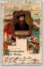 55116 W6500 Mainz a Rhein 1901 Lithographie Gutenbergfeier Johann Gensfleisch von Gutenberg Dampfer
