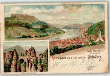 01824 O8305 Königstein , Sächs Schweiz 1899 Lithographie Basteibrücke Stadt Königstein u. Lilienstein