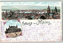 55116 W6500 Mainz a Rhein 1896 Lithographie Stadthalle Dom Kirche Brücke Schiff Gruss