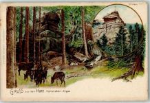 38855 O3700 Wernigerode Lithographie Hohenstein Klippe Ottofels Rehe Hirsch