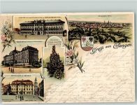 91052 W8520 Erlangen 1897 Gebrauchsspuren Lithographie Schloss Universitätsgebäude Markgrafendenkmal Collegienhaus Universitätsgebäude Marktplatz m. Rathaus Brunnen d. Franz. Emigranten i. Schlossgarten Wappen