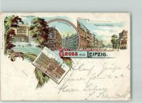 04103 O7000 Leipzig 1899 Gebrauchsspuren Schwanen Teich Grimmaischestraße Theater Görthestraße Augusteum Gruss Straßenbahn Lithographie