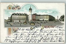 64283 W6100 Darmstadt 1907 Lithographie Ernst Ludwigplatz Weißer Turm Rheinstraße u. Ludwigsmonument Markt Straßenbahn