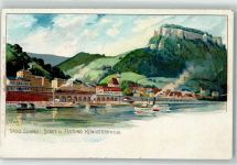 01824 O8305 Königstein , Sächs Schweiz Lithographie Stadt und Festung Königstein Elbe Raddampfer sign. O. Kretschmar