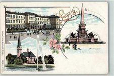 04103 O7000 Leipzig Lithographie Mendebrunnen Luther Kirche Springbrunnen Hotel Dresdner Bahnhof F. König Kutsche Blumen