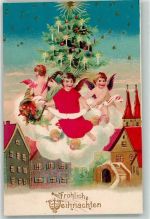 mit echter Stoff Applikation geschmückter Weihnachtsbaum , Weihnachten Engel 1903 Prägedruck