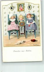Verlag M. Munk Nr. 1270 Zwischen zwei Stühlen Kleiner Junge sitzt mit Blumenstrauß zwischen zwei Mädchen Stricken Katze Ebner, Pauli Künstlerkarte