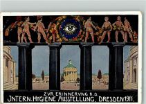 01067 O8000 Dresden 1911 Gebrauchsspuren sign. Erler Internationale Hygiene Ausstellung Lithographie Hartung & Rüttinger Off. Postkarte Nr 64