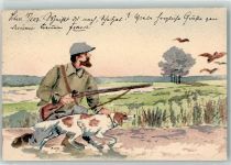 Jäger mit seinem Jagdhund handgemacht AK Jagd 1900 Künstlerkarte