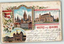 55116 W6500 Mainz a Rhein 1899 Gebrauchsspuren Lithographie Dom Stadthalle Bahnhof Wappen