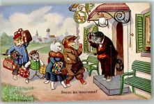 Serie 4439 Katze Familie vermenschlicht Urlaub Tier, vermenschlicht Künstlerkarte