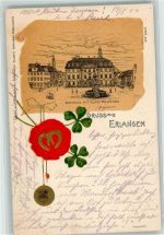 91052 W8520 Erlangen 1904 Prägedruck Rathaus Kunstbrunnen Gruss Hufeisen Kleeblatt Wappen