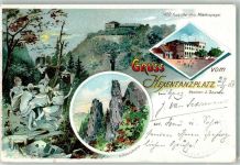 06502 O4308 Thale Lithographie Hexentanzplatz Hexen Hotel L. Schmid Hirschgrund