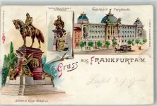 60308 W6000 Frankfurt am Main 1898 Lithographie Kaiser Wilhelm I. Denkmal Neues Kaiserl. Postgebäude Pferdestraßenbahn