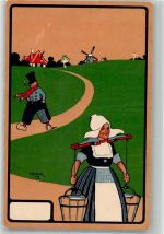 sign. C.K. Cook Wasserträgerin Mühle Trachten Niederlande / Hollandkind 1903 Lithographie / Künstlerkarte