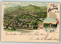 61231 W6350 Bad Nauheim 1901 Lithographie / Künstlerkarte Panorama des Ortes mit dem Teichhaus Verlag Zieher, Ottmar