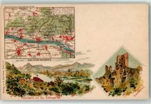 53639 W5330 Königswinter Lithographie Rolandseck Ruine Drachenfels Siebengebirge